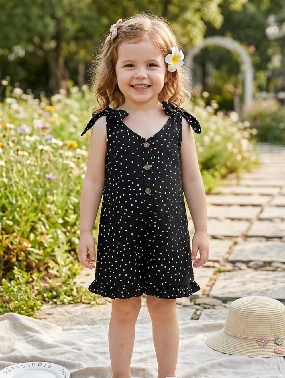 Girl Polka Dot Romper Black White Shoulder Jumpsuit Ruffle Hem Summer Sunsuit 3Y